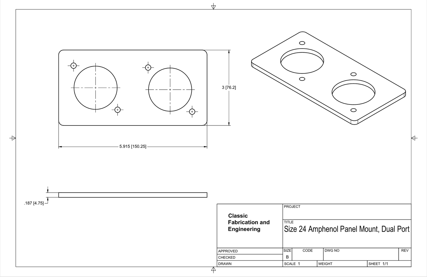 Dual Port Weld in mount for Size 24 Amphenol panel mount connectors