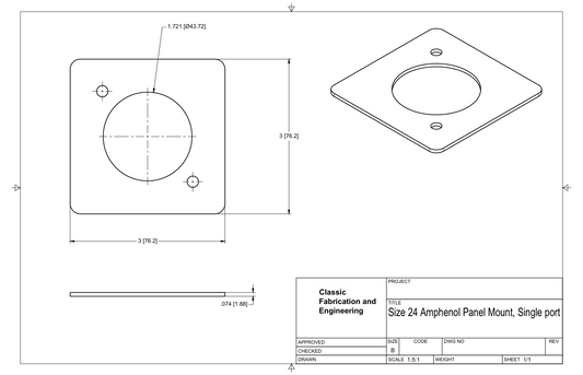 Single port Weld in mount for Size 24 Amphenol panel mount connectors